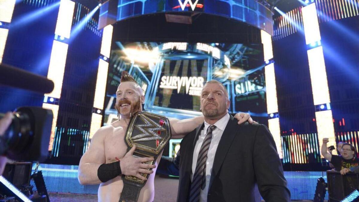 The new WWE World champ Sheamus with WWE Executive Vice President Talent/Live Events/Creative Paul Triple H Levesque at Survivor Series on Sunday, Nov. 22 from the Philips Arena in Atlanta. William Regal and Triple H are two of the Celtic Warrior’s mentors during his WWE journey.