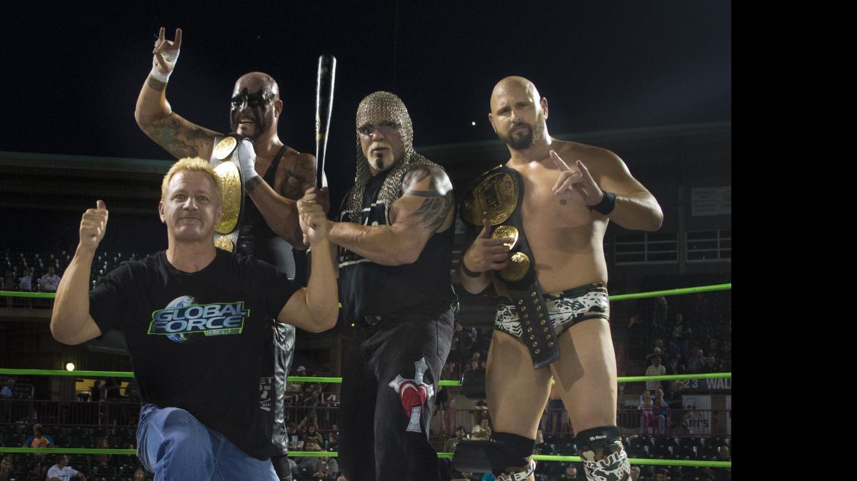 
Global Force Wrestling Founder and CEO Jeff Jarrett with Doc Gallows (back left), Scott Steiner (middle) and Machine Gun Karl Anderson (right) during a GFW Grand Slam Tour stop in Erie, Pa. The first GFW TV tapings are Friday, July 24 at the Orleans Arena in Las Vegas.
