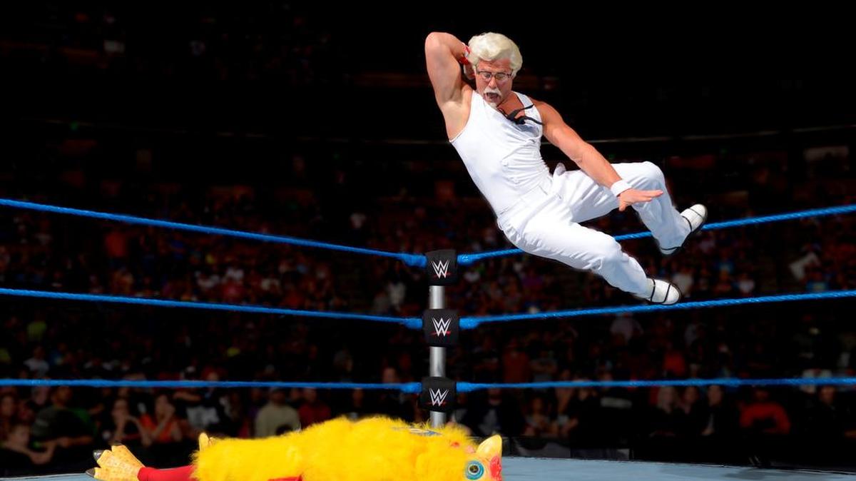 Probably the first flying elbow delivered by the iconic Colonel Sanders as portrayed by WWE Superstar Dolph Ziggler. KFC and WWE teamed for this promotion, where celebrities such as Jim Gaffigan, George Hamilton and Darryl Hammond also played the famous Colonel. WWE Superstar The Miz is the fowl/foil in this stunt.