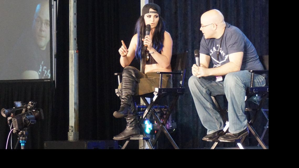 
WWE Diva Paige had fun participating in a Q&A during Florida Supercon at the Miami Beach Convention Center. Michael Kingston, the creator of the ‘Headlocked’ pro wrestling comic book series, was the moderator.

