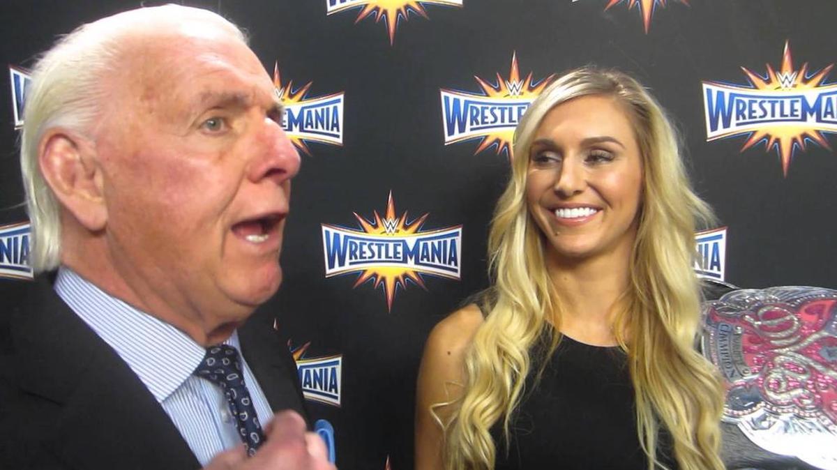 Ric and Charlotte Flair at the WWE WrestleMania 33 Press Conference at Camping World Stadium in Orlando.