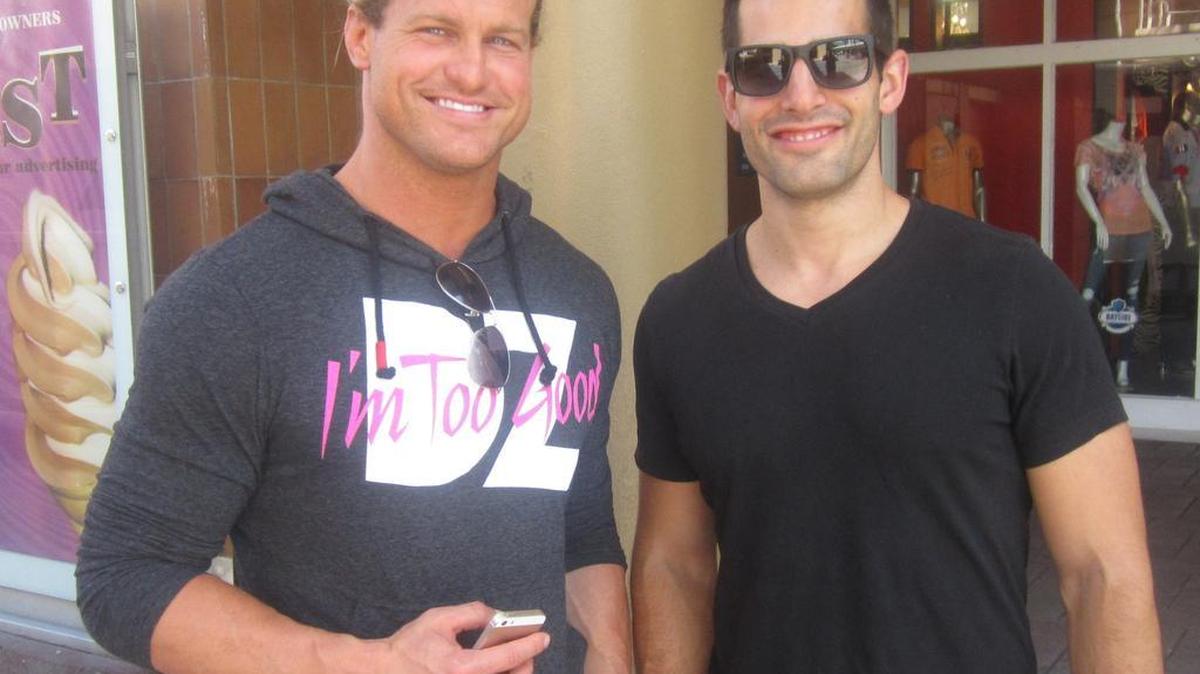 
WWE superstar Dolph Ziggler and WSVN Ch.7 Deco Drive entertainment reporter Chris Van Vliet outside the Bayside Marketplace, across from the AmericanAirlines Arena, where WWE SmackDown calls home on Tuesday, Sept. 1 in Miami.
