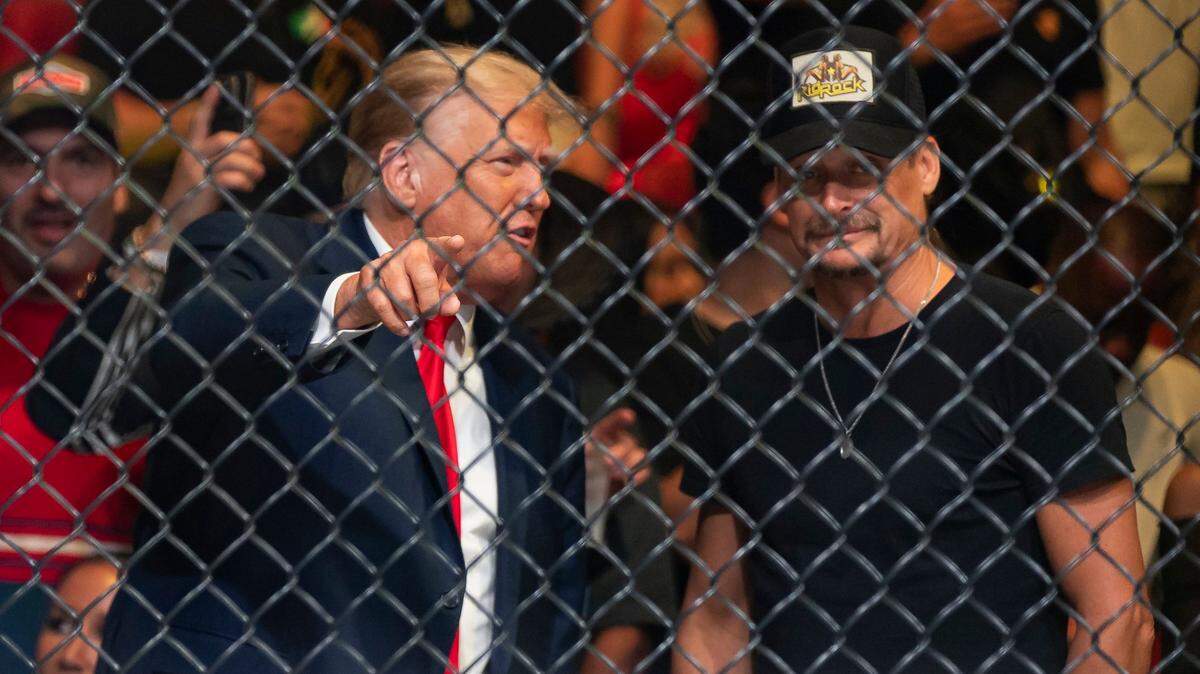 Former President Donald Trump and Kid Rock attend UFC 287 at the Kaseya Center on Saturday, April 8, 2023, in downtown Miami, Fla.