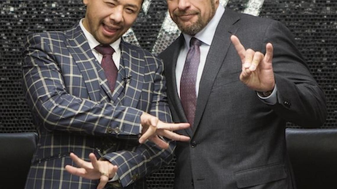 WWE Executive Vice President of Talent, Live Events and Creative Paul Triple H Levesque with WWE’s newest signee, international superstar Shinsuke Nakamura (left).