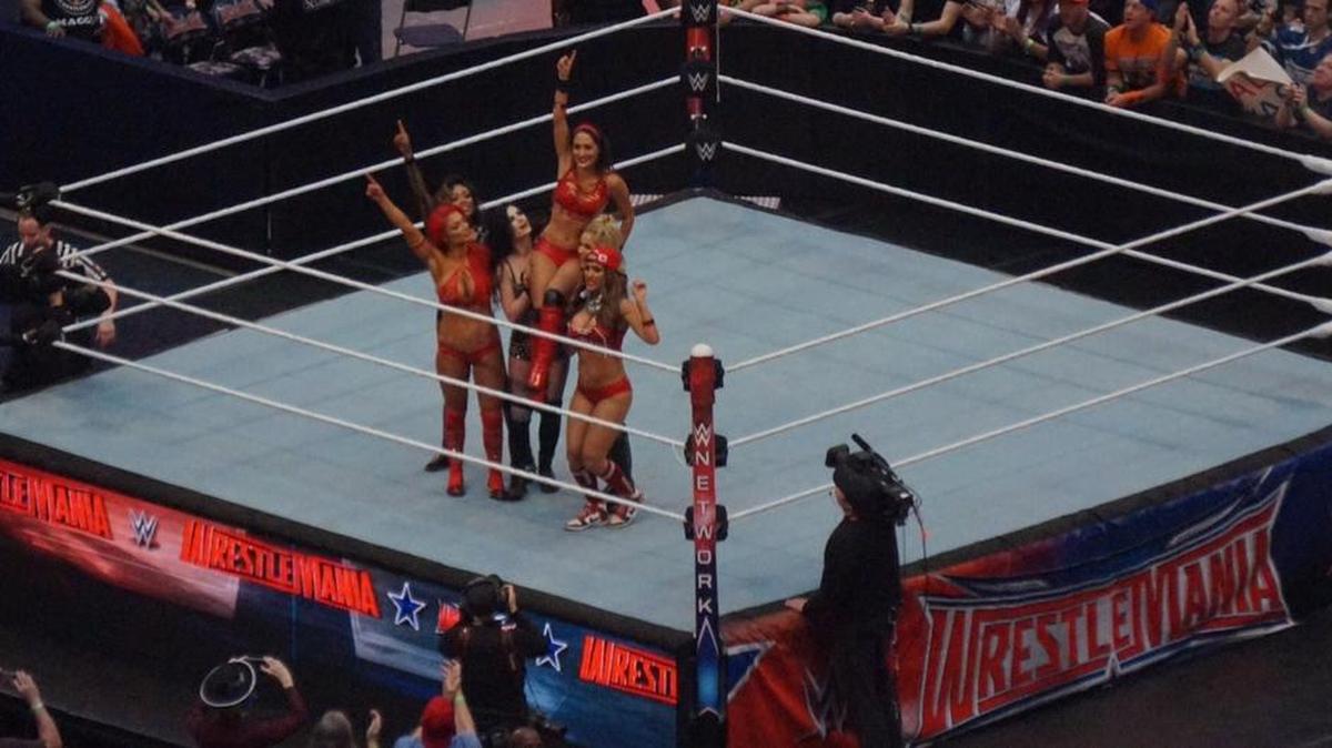 The stars of ‘Total Divas’ on E! hoist Brie Bella into the air after they defeated B.A.D. & Blonde during the WWE WrestleMania 32 Kickoff Show on Sunday, April 3 at AT&T Stadium in Arlington, Texas.