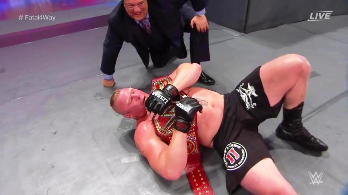 He may have been down but surely not out as The Beast Incarnate Brock Lesnar retained the WWE Universal title in a physical fatal four-way in the the main event of SummerSlam on Sunday, Aug. 20 from Barclays Center in Brooklyn. Also pictured is Lesnar’s advocate Paul Heyman.