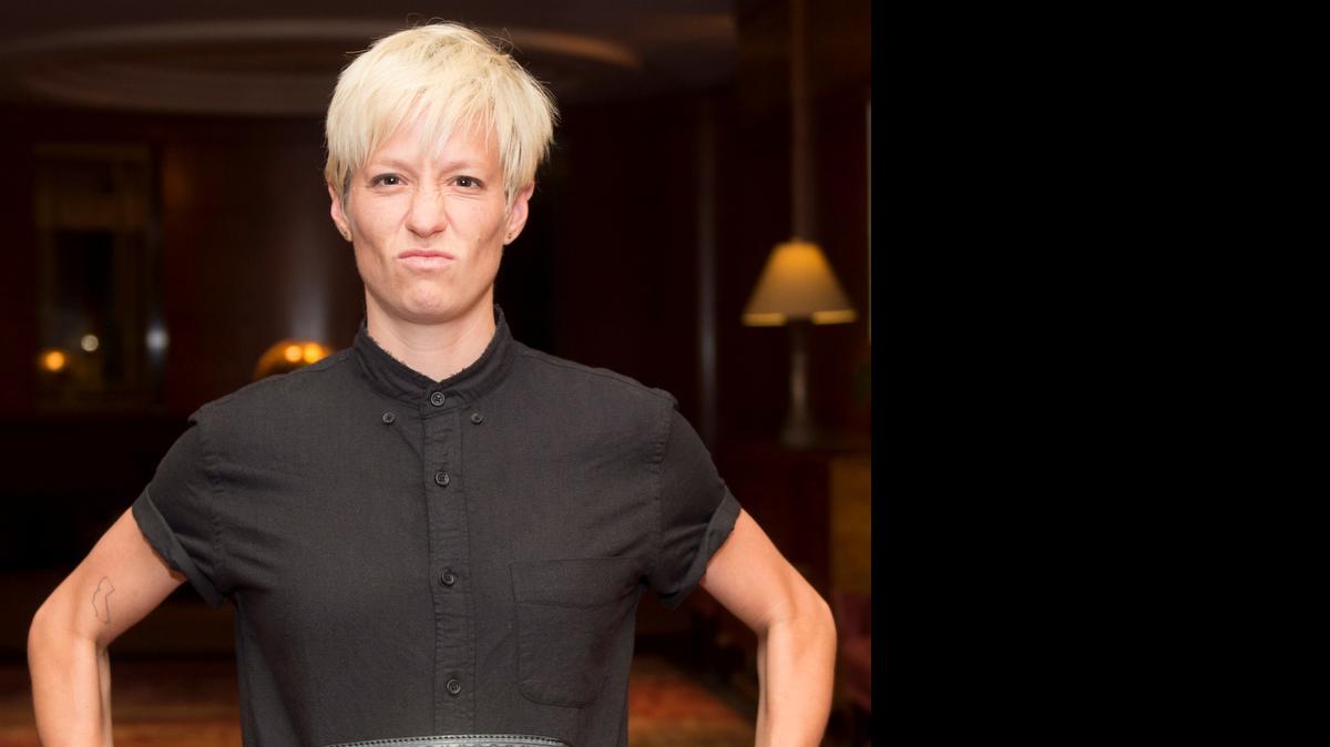 
Midfielder Megan Rapinoe of the World Cup champion U.S. women’s soccer team shows off her WWE World title, courtesy of WWE. Rapinoe appeared on The Rachel Maddow Show on MSNBC.
