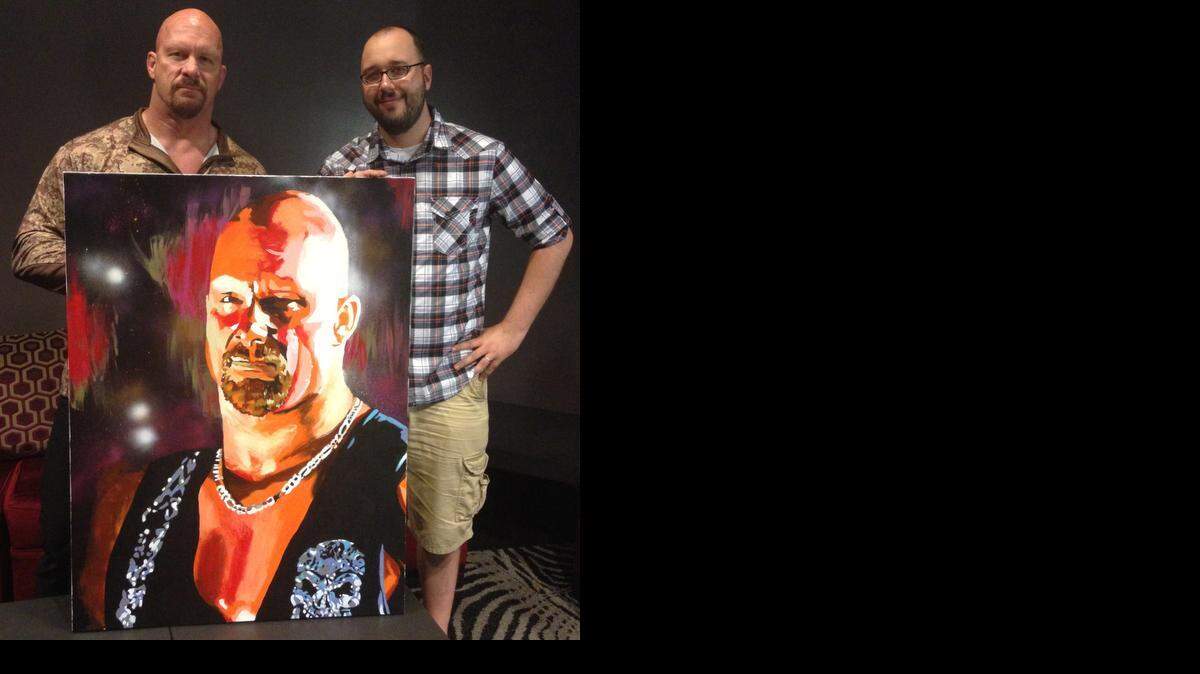 
Famed wrestling artist Rob Schamberger teamed with WWE and Stone Cold Steve Austin by donating his painting of Stone Cold for a WWE auction with 100 percent of the net proceeds going to The Children’s Hospital of Pittsburgh Foundation, benefiting Connor's Cure. Schamberger painted it during WWE SummerSlam Weekend in August in Los Angeles.
