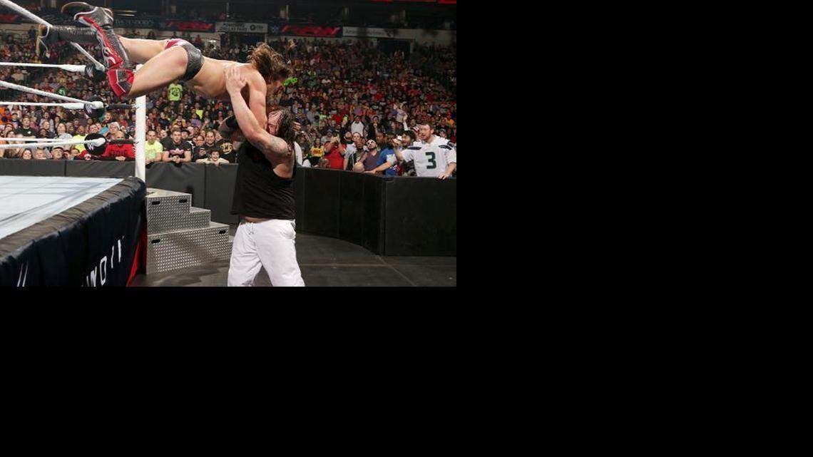 
Daniel Bryan (left) battles Bray Wyatt in his first match on WWE Monday Night Raw since his return.
