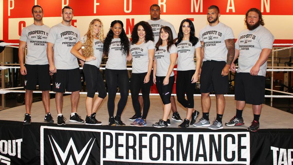 WWE’s newest class of recruits are training at the state-of-the-art WWE Performance Center in Orlando. They are front from left, Michael Nicholls, Shane Veryzer, Macey Estrella, Bianca Blair, Danielle Kamela, Nicola Glencross, Carolyn Dunning, Terrance Jean-Jacques, Nikola Bogojevic; back, Babtunde Aiyegbusi.