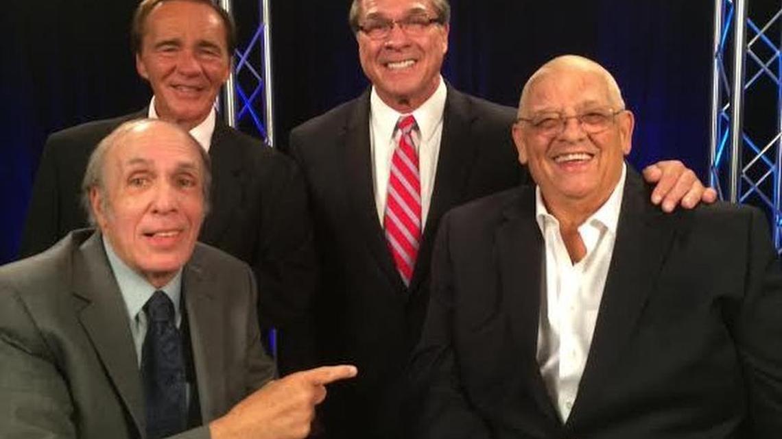 Legendary pro wrestling journalist/photographer Bill Apter, author of ‘Is Wrestling Fixed? I Didn’t Know It Was Broken!,’ during a pilot show for the WWE Network with Larry Zbyszko (top left), Terry Taylor (middle) and Dusty Rhodes (right).