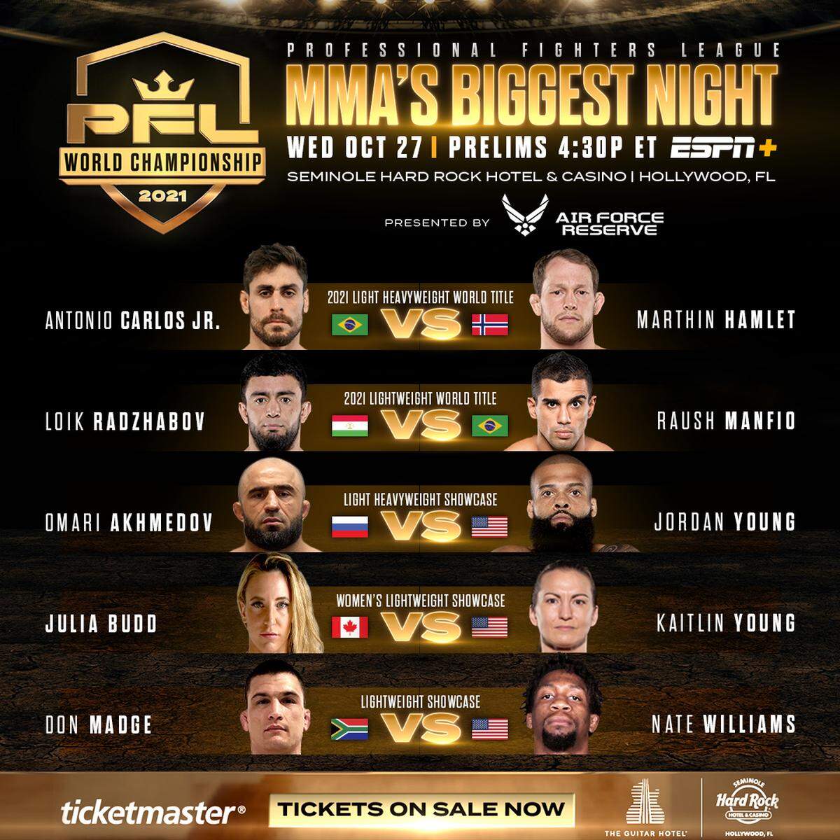 PFL MMA Night of Champions on Oct. 27, 2021 at Hard Rock Live at Seminole Hard Rock Hotel & Casino near Hollywood in South Florida.