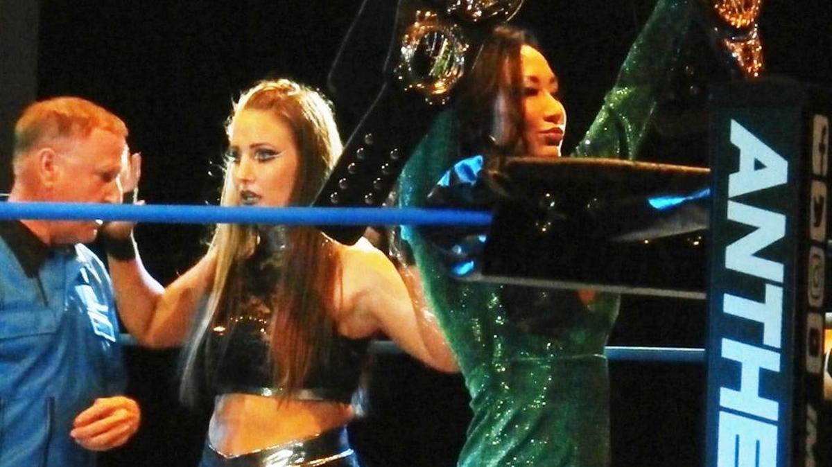 TNA Hall of Famer Gail Kim, 40, is winding down her in-ring career. She will vie for her seventh Knockouts title at Impact Wrestling’s Bound for Glory PPV on Sunday, Nov. 5 from her native Canada. Also pictured are current champ Sienna (middle) and TNA Hall of Fame referee Eartl Hebner.