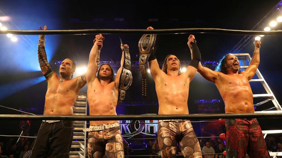 The Hardy Boyz vs. the Young Bucks in a main event ladder match for the Ring of Honor tag team titles in front of a large crowd at ROH’s Supercard of Honor XI on Saturday, April 1 at the Lakeland Center in Central Florida.