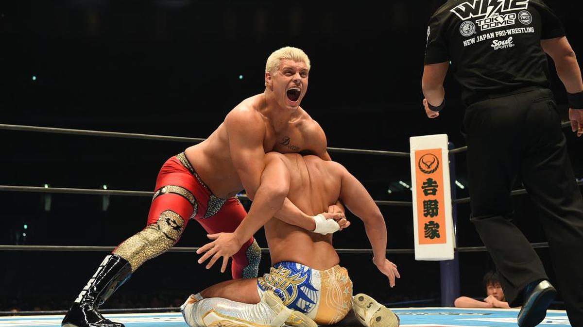 Cody Rhodes in control against Kota Ibushi during New Japan Pro Wrestling’s Wrestle Kingdom 12 at the Tokyo Dome. Matches from New Japan Pro Wrestling’s Wrestle Kingdom 12 will be seen over the next five weeks on AXS TV.