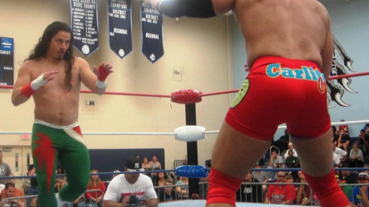 Stefan Guadalupe (left) against former WWE superstar Carlito at a Coastal Championship Wrestling show. CCW with former WWE superstar Ricardo Rodriguez, the Guadalupe Brothers, Santana Garrett and more will be at the Opa Locka Hialeah Flea Market at 1 p.m. Saturday, June 11 at 12705 NW 42nd Ave., (Miami) Opa-locka.