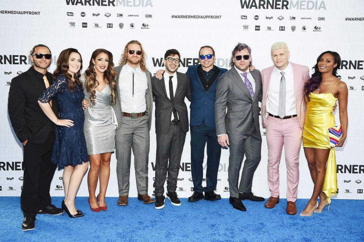 NEW YORK, NEW YORK - MAY 15: Matt Jackson, Dr. Britt Baker, “Hangman” Adam Page, Tony Khan, Nick Jackson, Kenny Omega, Cody Rhodes, and Brandi Rhodes of TNT’s All Elite Wrestlingattends the WarnerMedia Upfront 2019 arrivals on the red carpet at The Theater at Madison Square Garden on May 15, 2019 in New York City. 602140 (Photo by Dimitrios Kambouris/Getty Images for WarnerMedia)