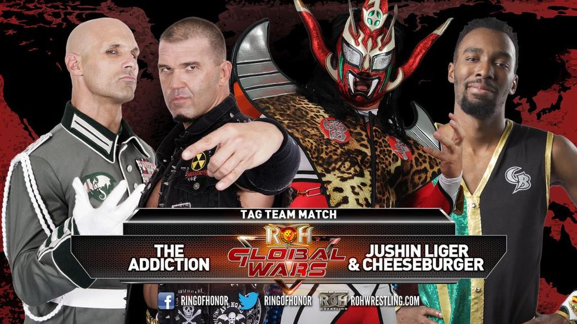 The Addiction (Christopher Daniels and Kazarian) wages war on Jushin Thunder Liger and Chesseburger during Ring of Honor’s Globel Wars on Sunday, May 8 on pay-per-view from the Frontier Fieldhouse in Chicago Ridge, Ill. This marks Cheeseburger’s pay-per-view debut for Ring of Honor.