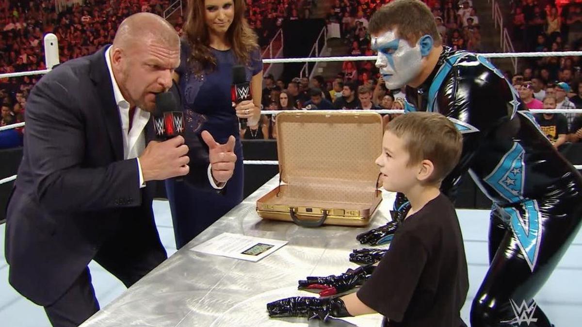 
WWE Executive Vice President (Talent/Live Events/Creative) Paul Triple H Levesque and WWE Chief Brand Officer Stephanie McMahon sign Drax Shadow to a WWE contract as WWE superstar Stardust oversees the ceremony.
