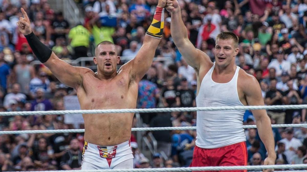 Mojo Rawley (left) with the assist to New England Patriots tight end Rob Gronkowski won the Andre the Giant Memorial Battle Royal during WWE WrestleMania 33 on Sunday, April 2 at Camping World Stadium, formerly Orlando Citrus Bowl.