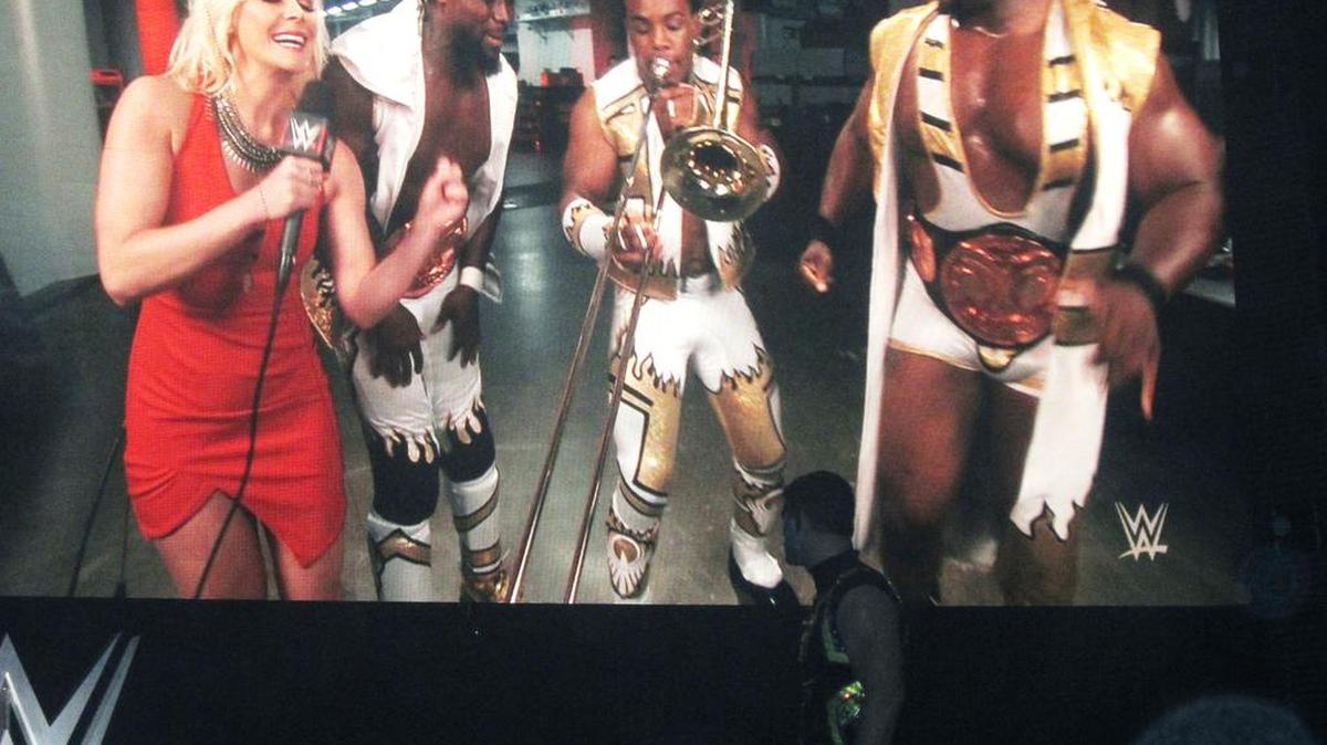 The funny side of WWE broadcaster Renee Young, getting jiggy with the hilarious New Day (Kofi Kingston, Xavier Woods, the original Francesca and Big E) during a backstage segment for the WWE SmackDown tapings in September at the AmericanAirlines Arena in Miami.