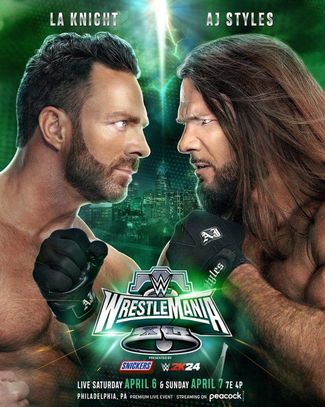LA Knight vs. AJ Styles at WWE WrestleMania 40 in Philadelphia. The two-night event is April 6 and 7 on Peacock from Lincoln Financial Field, home of the NFL Philadelphia Eagles.