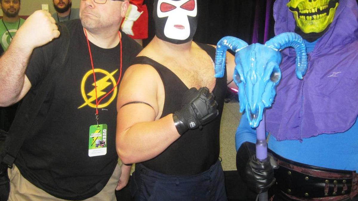 Michael Kingston, the creator of “Headlocked” the comic book series, with Bane (Stevie Stamos) and Skeletor (Alex Chamberlain) of Fantasy Super Cosplay Wrestling. Featuring pro wrestlers in cosplay, FSCW will be in action at Animate! Florida from Oct. 6-8 at The Miami Airport Convention Center.