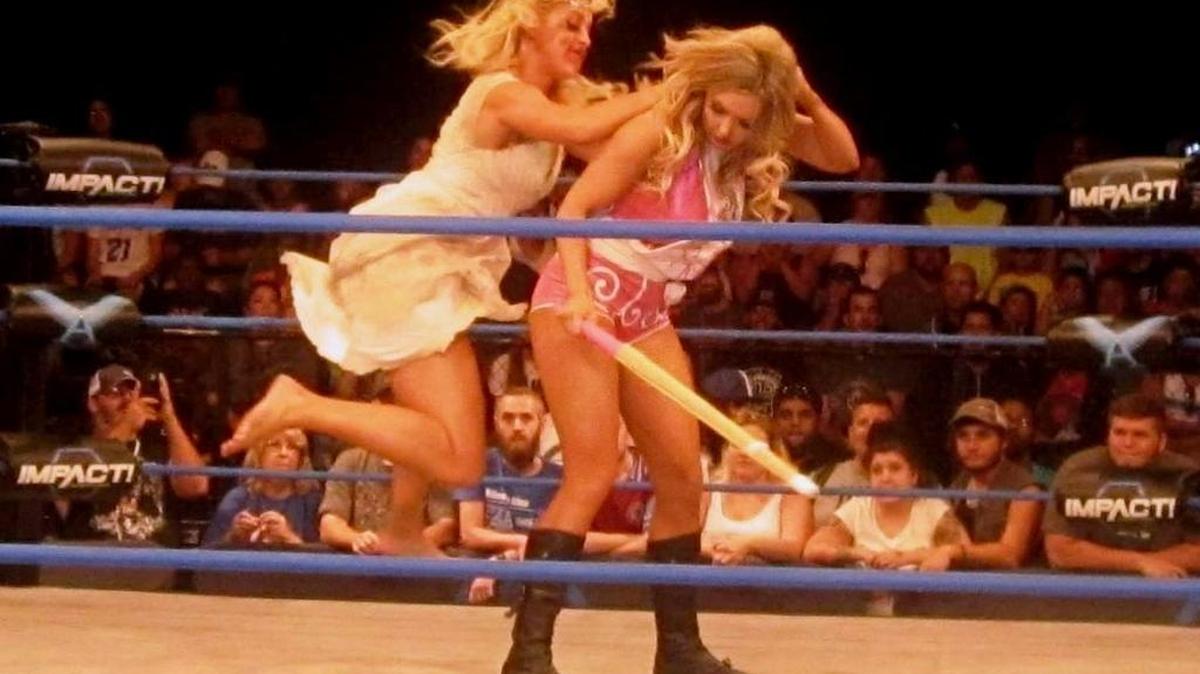 Laurel Van Ness attacks Allie during GFW Impact Wrestling TV tapings for Pop TV in the Impact Zone at Universal Studios Florida in Orlando.