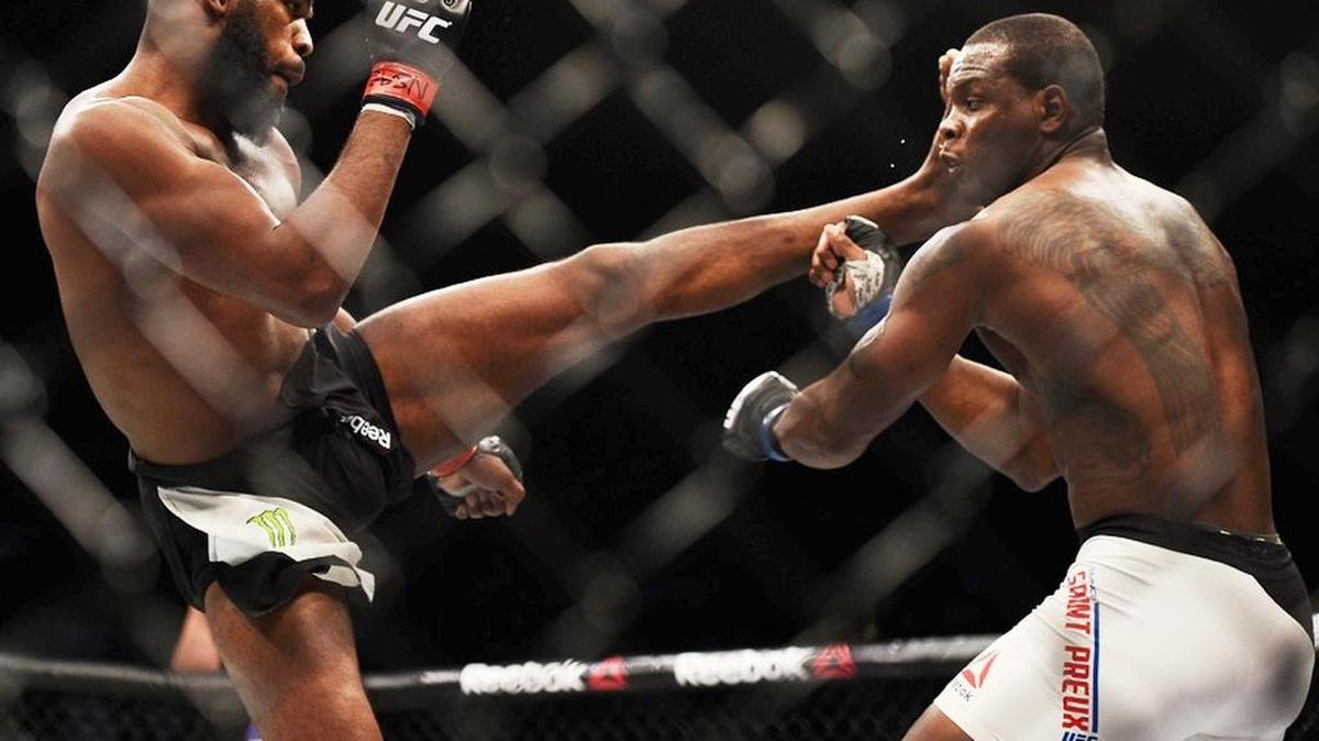 Monster Energy’s Jon Jones (left) returned to the Octagon and beat Ovince Saint Preux to win the interim 205-pound light heavyweight title at UFC 197 on Saturday, April 23 at the MGM Grand Garden Arena in Las Vegas.