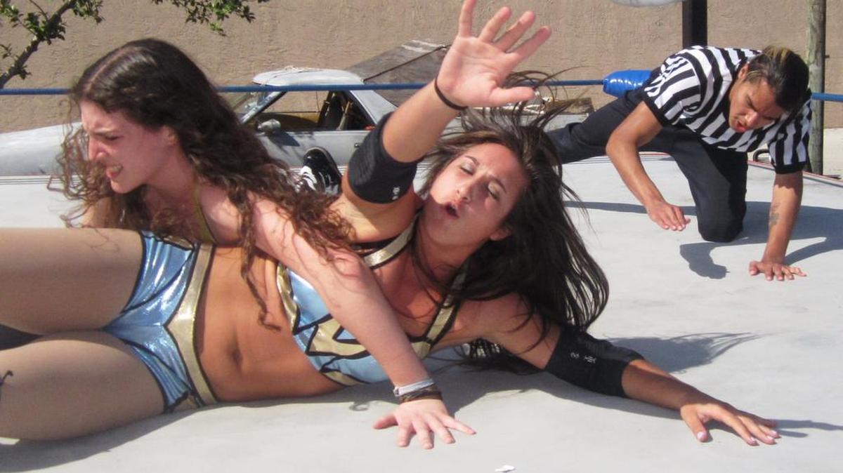 Rachael Ellering kicks out against Chelsea Durden during a Coastal Championship Wrestling show on Sunday, April 10 at Mickey’s Tiki Bar in (South Florida) Pompano Beach. The event was a fundraiser for the Michael J. Fox Foundation for Parkinsons Research. Your referee is Josh Colon.