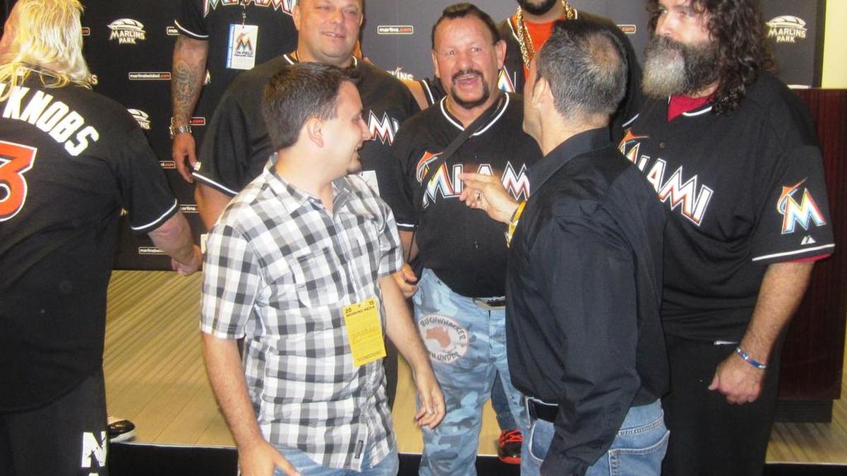 
The Nasty Boys (Knobbs and Sags), Kevin Nash, Mick Foley and Bushwhacker Luke talk to media including Scott Fishman of the Miami Herald and Rodolfo Roman of The Roman Show during a press conference for the Legends of Wrestling Night on Friday, July 31 at Marlins Park. The legends answered questions and also discussed their thoughts on fellow legend Rowdy Roddy Piper, who all just learned died. The event was presented by Louis ‘Uncle Louie’ Gregory and the Miami Marlins and benefited Up2Us Sports.
