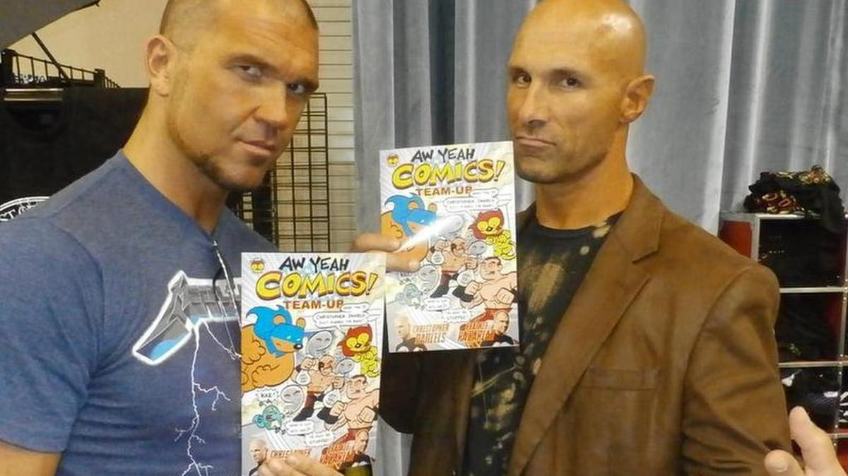 Ring of Honor wrestlers Frankie Kazarian (left) and Christopher Daniels have teamed away from the ring, too, collaborating on the comic book “Christopher Daniels and Kazarian Wrestle Aw Yeah Comics!”
