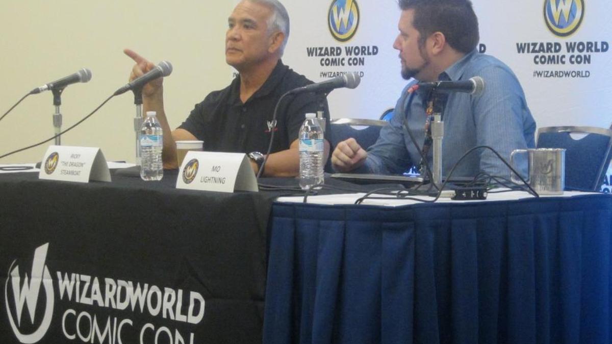
WWE Hall of Famer Ricky The Dragon Steamboat (left) during a Q&A at Wizard World Comic Con Fort Lauderdale at the Broward County Convention Center.
