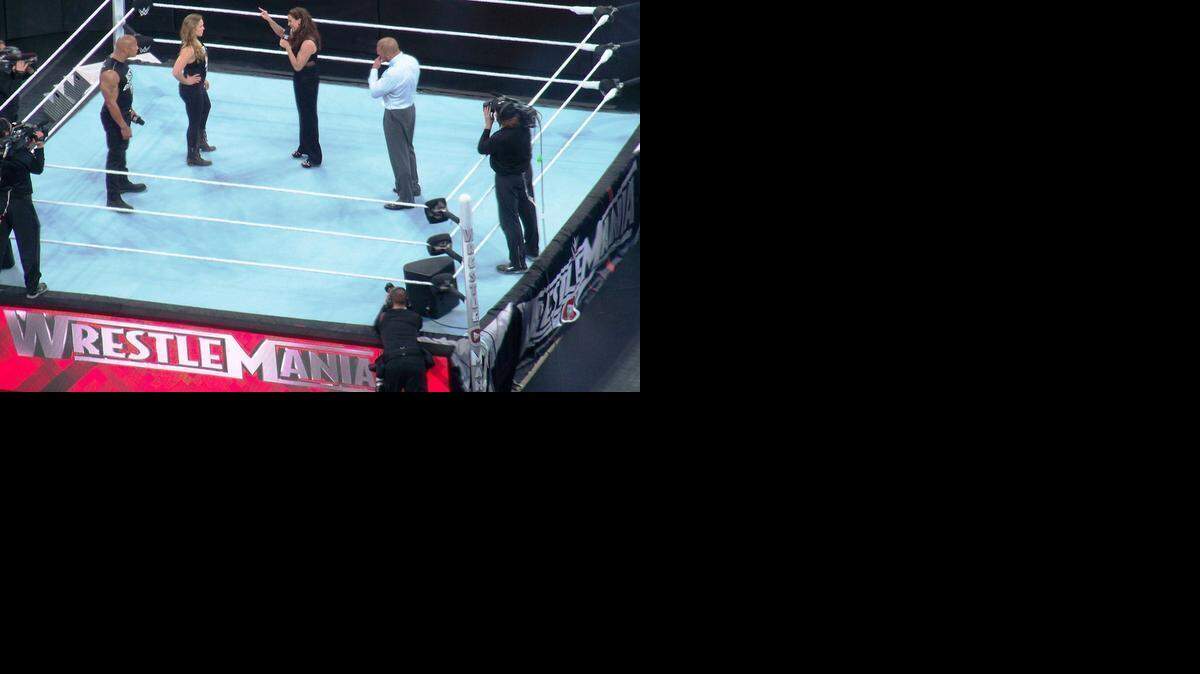 
The Rock and Ronda Rousey with Triple H and Stephanie McMahon during WWE WrestleMania 31 on Sunday, March 29 on pay-per-view and WWE Network from Levi’s Stadium in Santa Clara, Calif.
