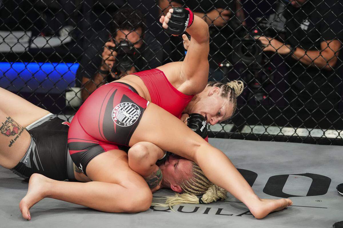 ATLANTIC CITY, NJ - JUNE 25: Kayla Harrison and Cindy Dandois in a lightweight fight during PFL 6 at the Ocean Casino Resort on June 25, in Atlantic City, New Jersey. (Cooper Neill / PFL)