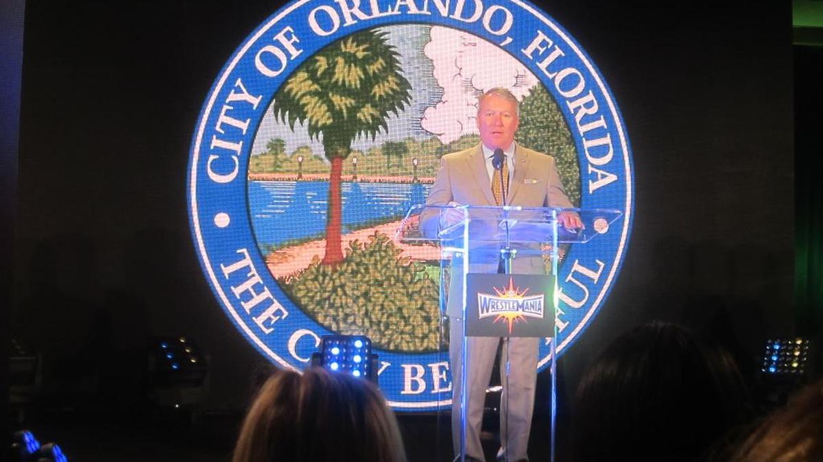 Orlando Mayor Buddy Dyer speaks at the WWE WrestleMania 33 Press Conference at the Citrus Bowl Stadium in Orlando. The Citrus Bowl Stadium, now known as Camping World Stadium, will house WrestleMania 33 on Sunday, April 2, 2017.