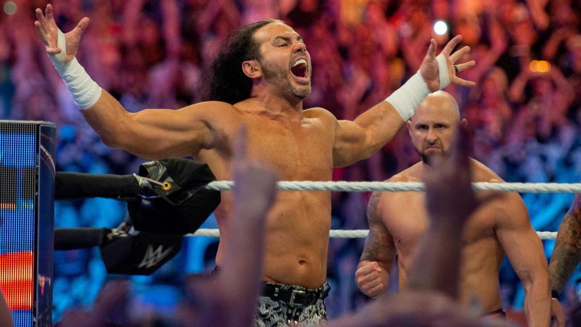 Matt Hardy (pictured) and brother Jeff, aka The Hardy Boyz, made a surprising return to WWE during WrestleMania 33 at Camping World Stadium, formerly Orlando Citrus Bowl Stadium. Also pictured is Karl Anderson.