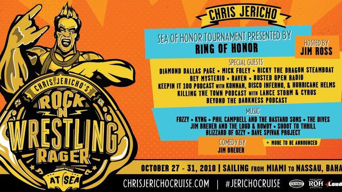 The Rock ’N’ Wrestling Rager At Sea cruise, hosted by WWE alum Y2J Chris Jericho, is Oct. 27-31, 2018 on the Norwegian Jade from Miami to Nassau in the Bahamas.