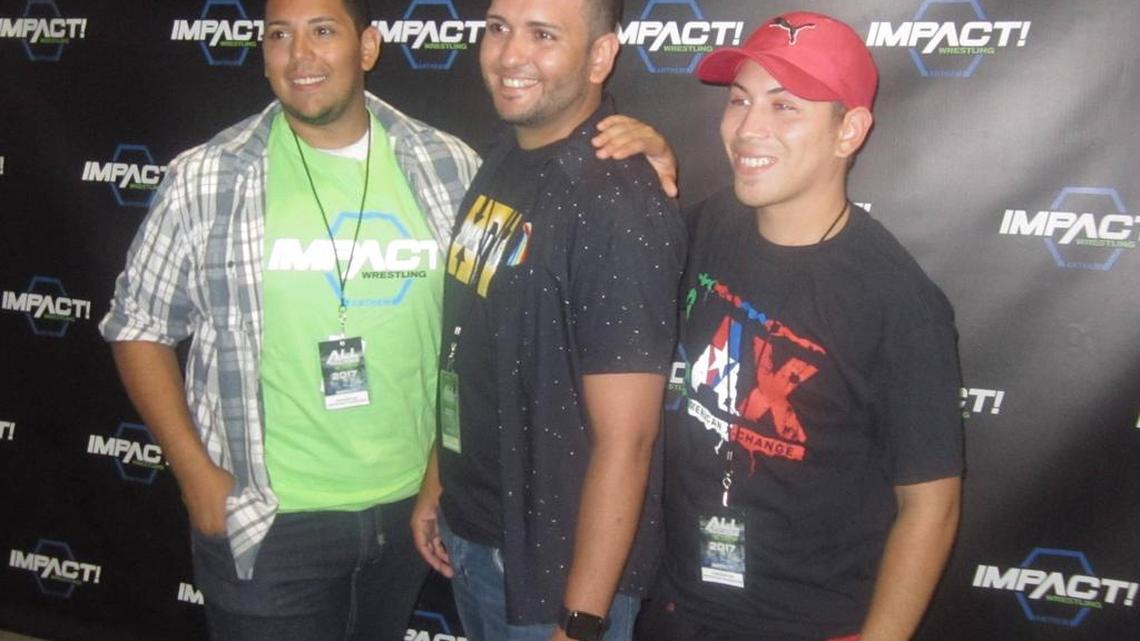 GFW/Impact Wrestling welcomed Tony Marrero (center) to the Impact Zone during TV tapings at Universal Studios Florida in Orlando. Marrero, who survived the horrific attack last year at Pulse Nightclub in Orlando, was part of GFW/Impact Wrestling’s “Remembering Pulse Nightclub, 1 Year Later” on Monday, July 3. Pictured with him are friends David Caban (left) and Joey Rivera.