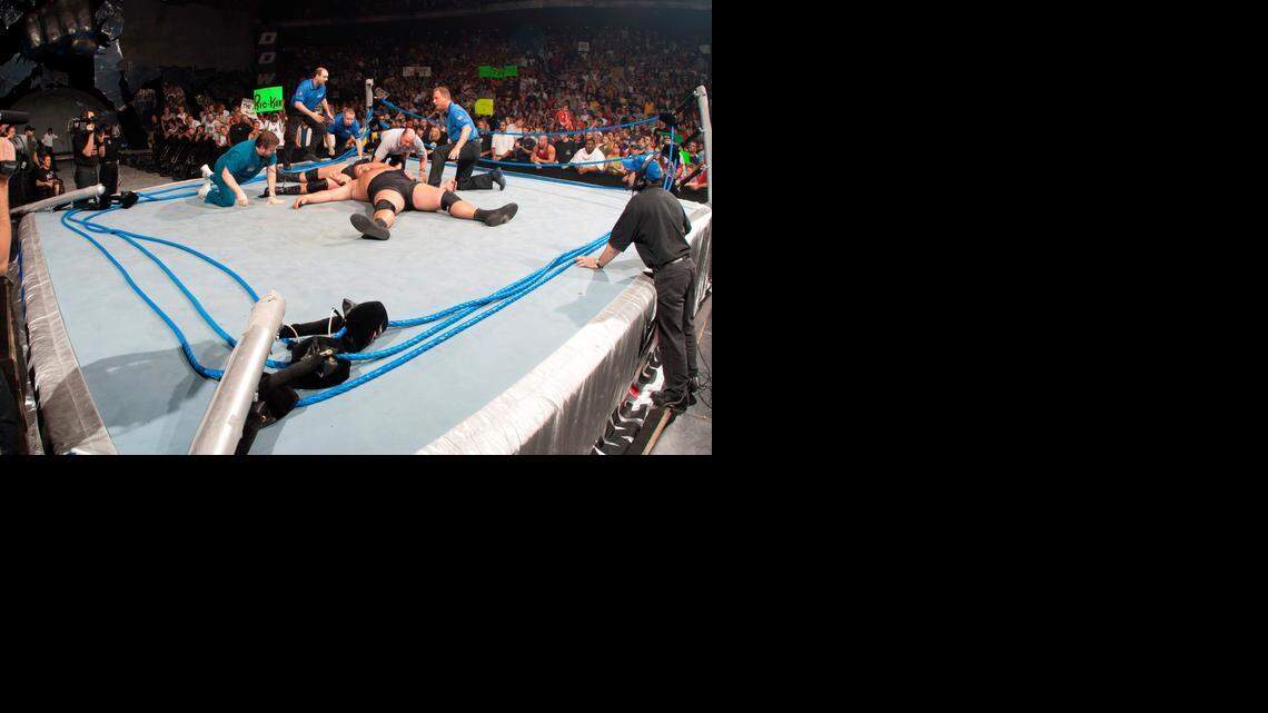 
The force of a suplex off the top rope from Brock Lesnar and Big Show collapsed the ring in Orlando on WWE SmackDown. The weekly prime-time television show will move from Fridays to Thursdays, beginning Jan. 15 on Syfy.
