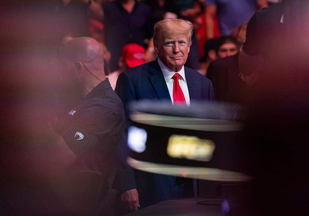 Former President Donald Trump attends UFC 287 at the Kaseya Center on Saturday, April 8, 2023, in downtown Miami, Fla.