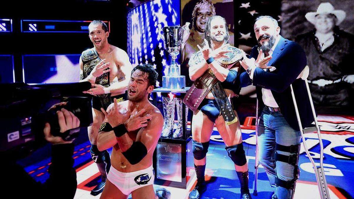 What a night for The Undisputed Era at NXT TakeOver: New Orleans earlier this month during WWE WrestleMania Week. Leader and co-founder Adam Cole won the debuting NXT North American Title. Then, later in the show, he and Kyle O'Reilly retained the NXT Tag Team Titles while also winning the Dusty Rhodes Tag Team Classic Trophy, thanks to newest member Roderick Strong, who stunned everyone by turning TUE in the triple threat tag match. Also pictured is injured Bobby Fish. NXT will be at the Havert L. Fenn Center on Saturday, April 21 in Fort Pierce.