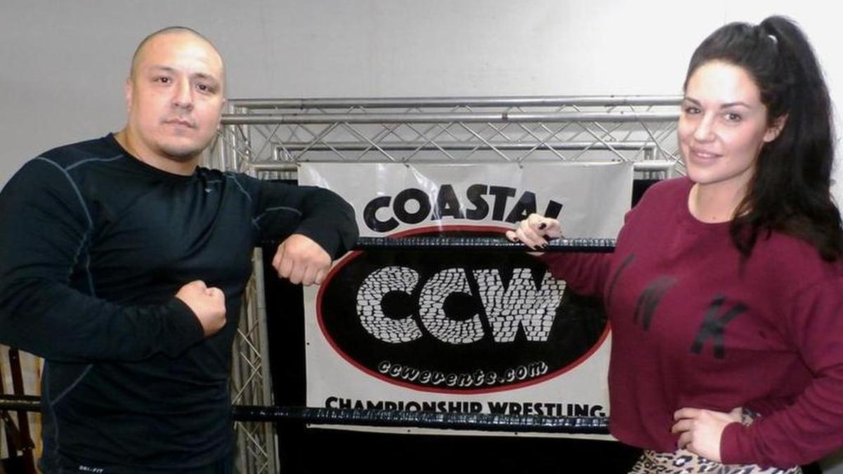 WWE alum Kaitlyn (Celeste Bonin) wih President/Head Trainer Pablo Marquez at the Main Event Training Center in Fort Lauderdale. Celeste will be wrestling for the first time in four years on Saturday, Feb. 10 for Coastal Championship Wrestling at the Coral Springs Charter School Gym.