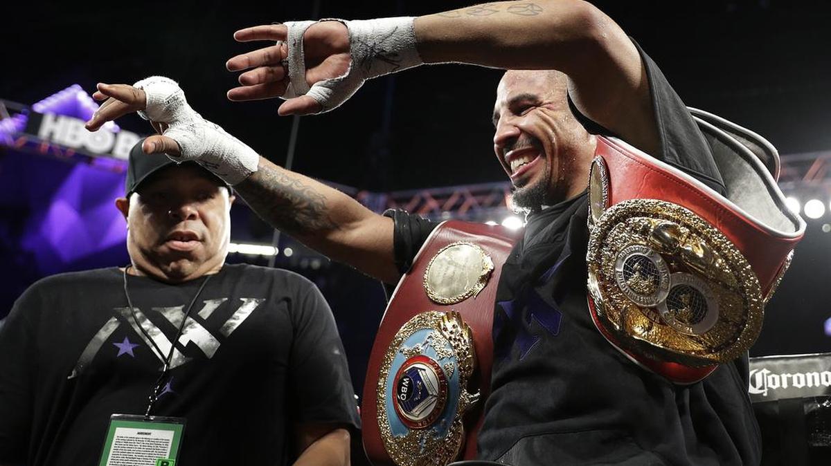 Andre Ward celebrates after defeating Sergey Kovalev in their light heavyweight boxing title match on Saturday.