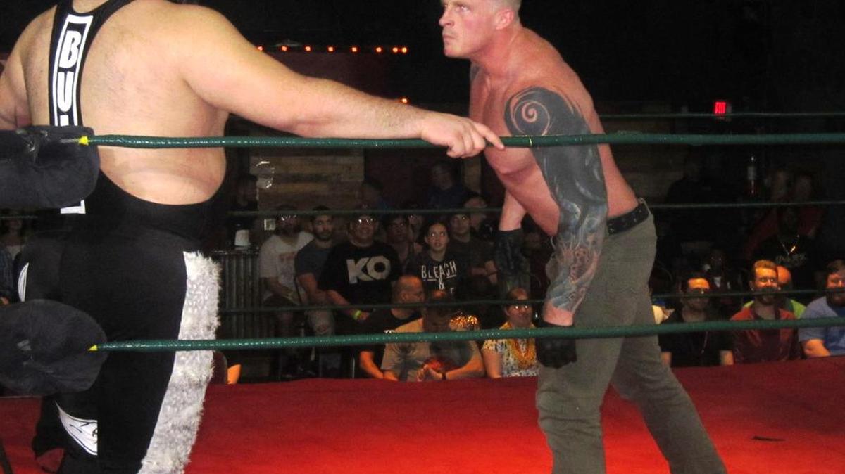 Former TNA Impact Wrestling star Sam Shaw trying to intimidate Bull James, formerly WWE NXT Bull Dempsey, at a Full Throttle Pro Wrestling show at the Kelsey Theater in Lake Park in Palm Beach County.