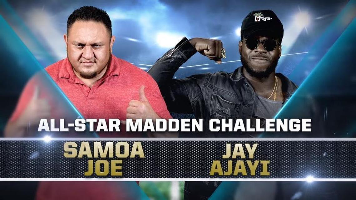 WWE Superstar Samoa Joe (Joey Headrocker) battled Miami Dolphins running back Jay Ajayi (Jay-Train) in the UpUpDownDown Madden ’18 All-Star Video Game Challenge.