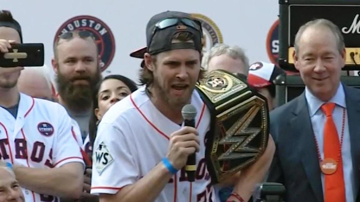 While holding a WWE Championship belt, outfielder Josh Reddick channeled his inner Ric Flair on Friday, Nov. 3 during the Houston Astros celebration of their first World Series title in franchise history.