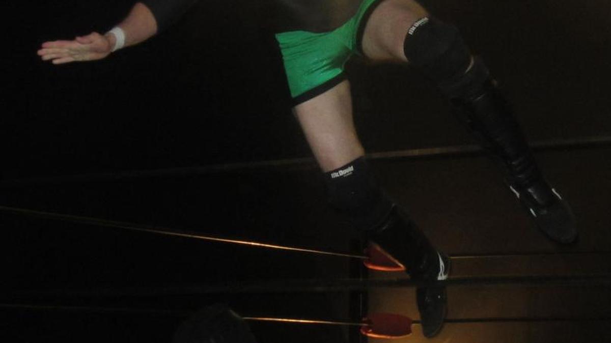 Brandon Scherer takes flight during an I Believe in Wrestling show on Saturday, July 16 at the Team Vision Dojo, 6923 Narcoosee Rd., #620, Orlando 32822. I Believe in Wrestling is 8 p.m. Saturday, Aug. 6 at the Team Vision Dojo.