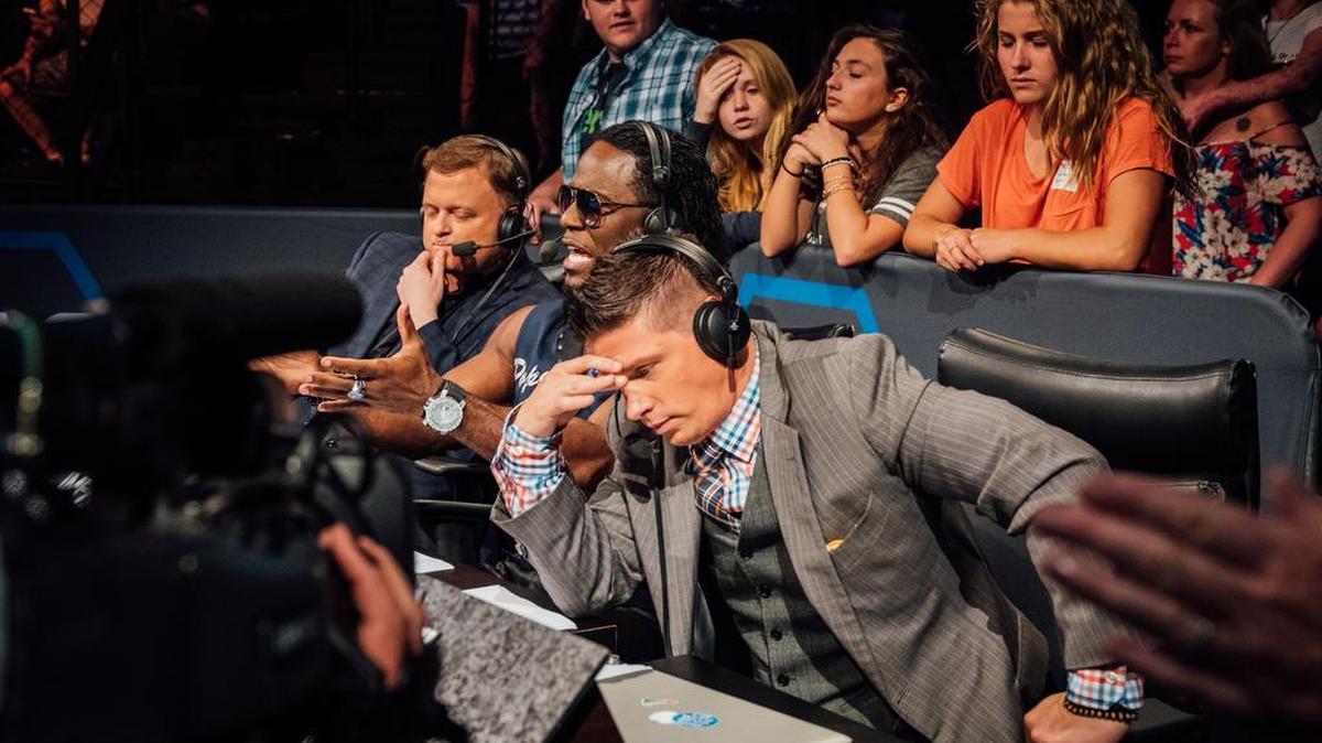 Broadcaster Josh Mathews (right) is annoyed with broadcaster Jeremy Borash (left) during an Impact Wrestling show on Pop TV. Also pictured is D’Angelo Dinero. Mathews and Scott Steiner will face Impact Wrestling originals Borash and Joseph Park at Slammiversary XV on Sunday, July 2 from Universal Studios Florida in Orlando.