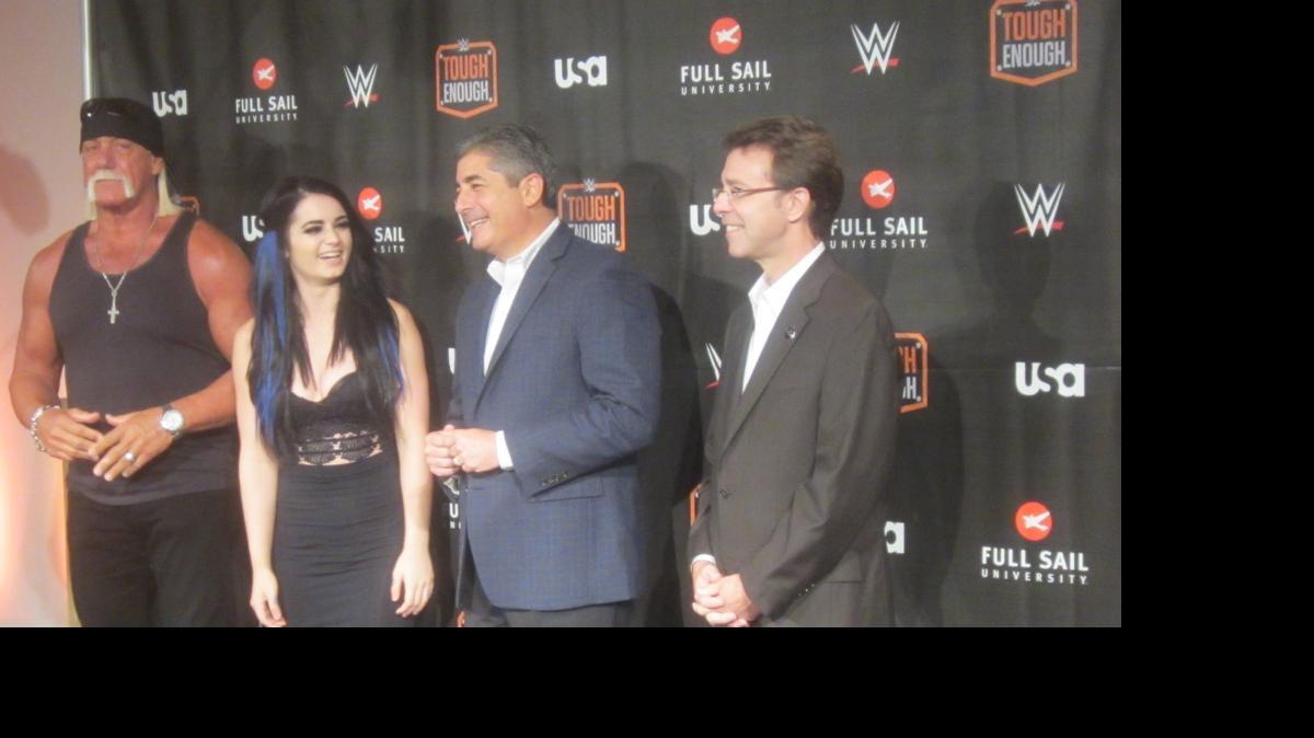 
‘WWE Tough Enough’ judges Hulk Hogan and Paige, WWE Executive Vice President of Special Events John Saboor and Full Sail University Vice President of Alumni/Event Producer Jay Noble participated in a media event to promote ‘WWE Tough Enough’ which premieres 8/7C on Tuesday, June 23 on the USA Network. Full Sail University in Winter Park, near Orlando, hosted the press gathering on Friday, June 19 as Full Sail U continues its solid working relationship with WWE, including being an integral part of the ‘WWE Tough Enough’ weekly series.
